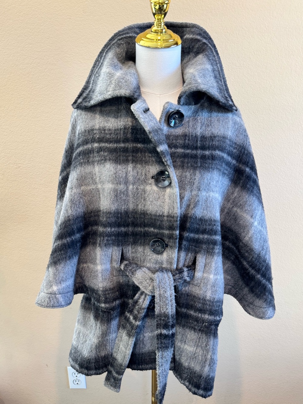 Talbots Wool Cape Jacket Tie Front Belted Gray Plaid Women’s S/M